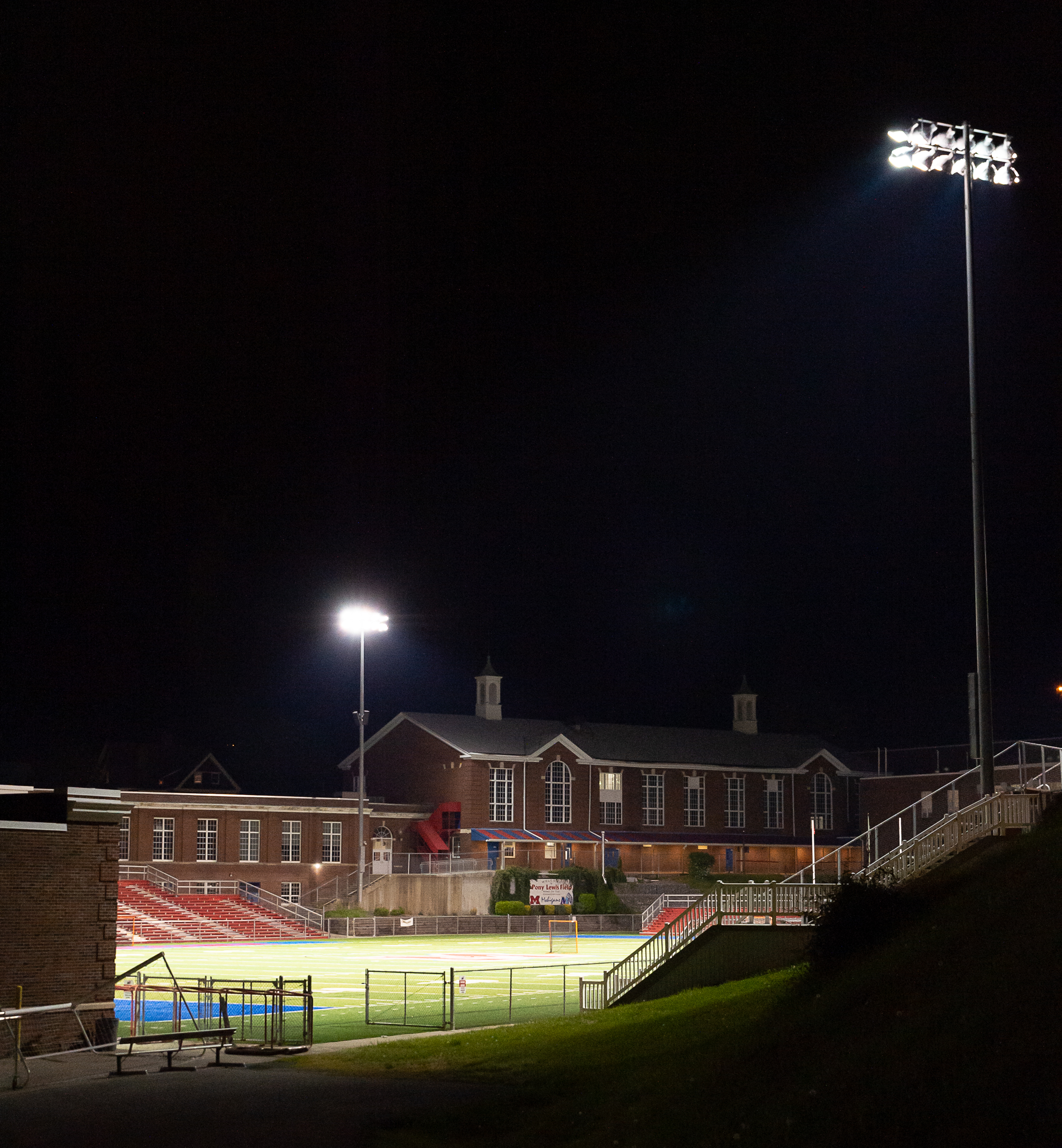Morgantown High School's field lit up at night