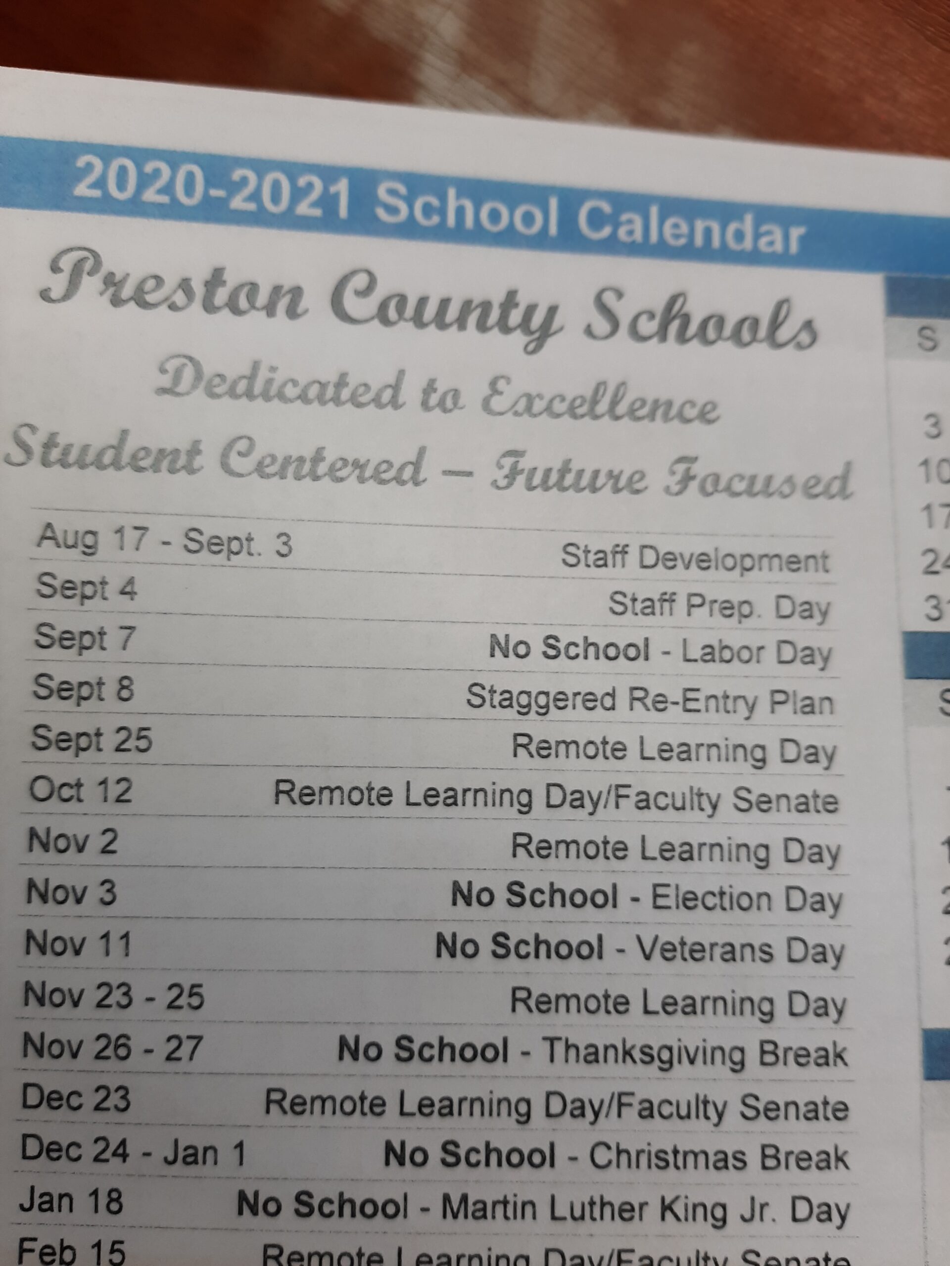 Preston School calendar