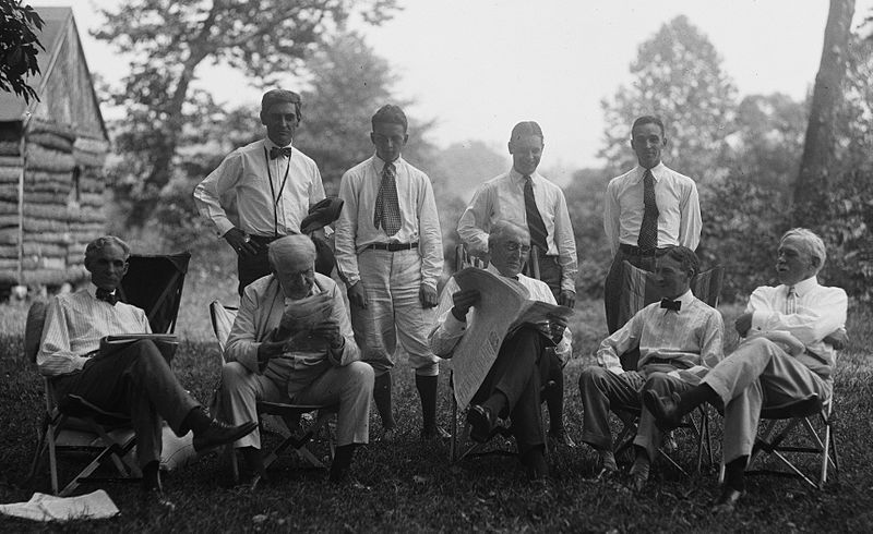 Henry Ford, Thomas Edison, President Warren G. Harding, and Harvey Firestone with others, camping