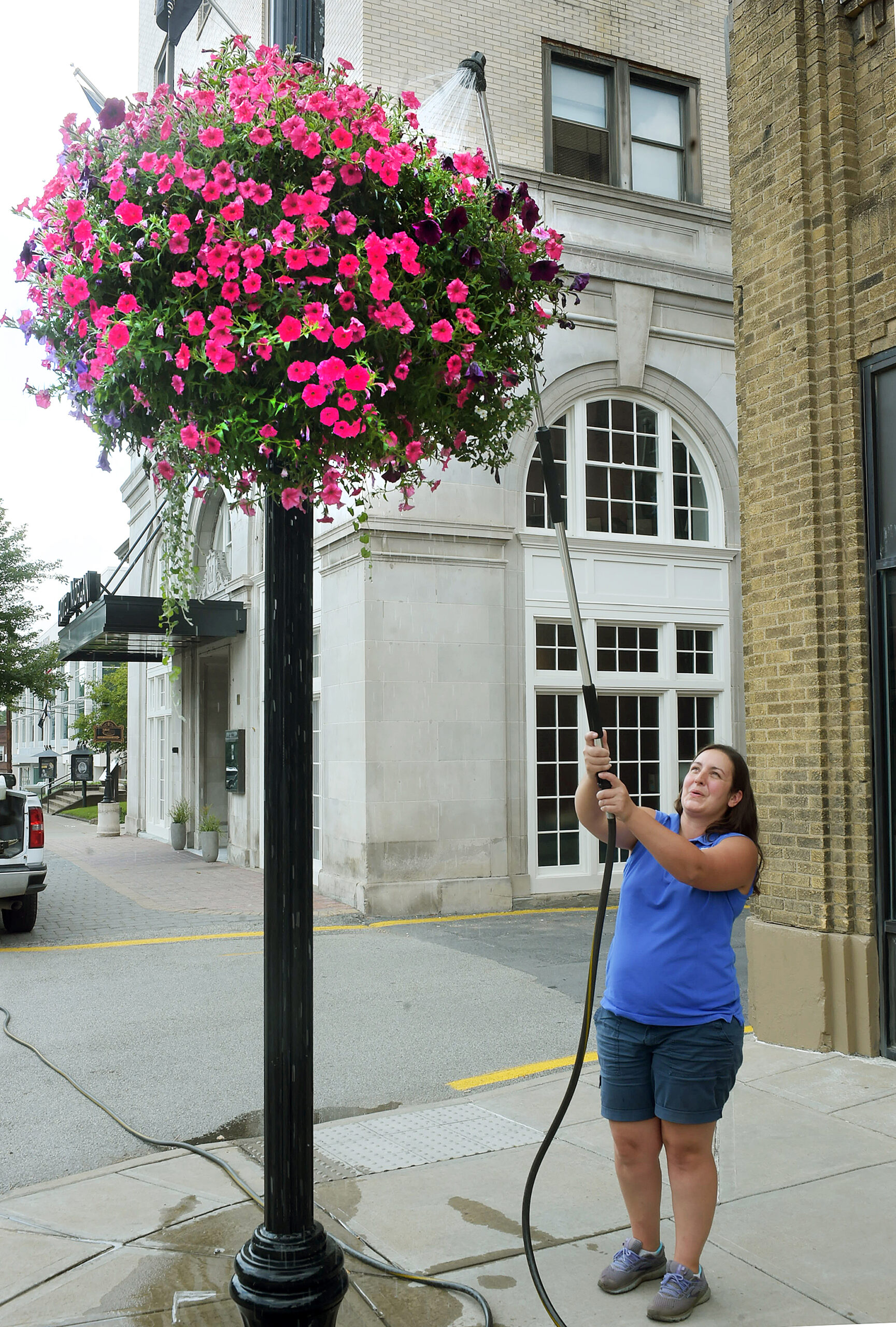 watering flowers on High Street
