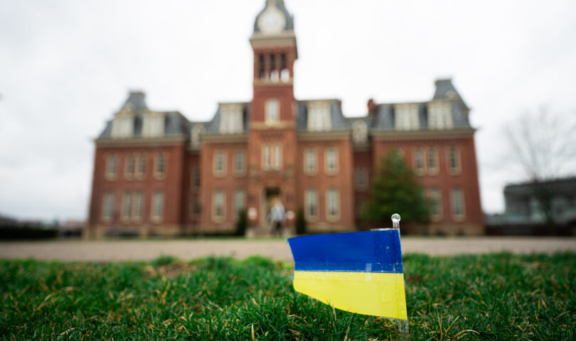 Ukrainian flag in front of Woodburn Hall